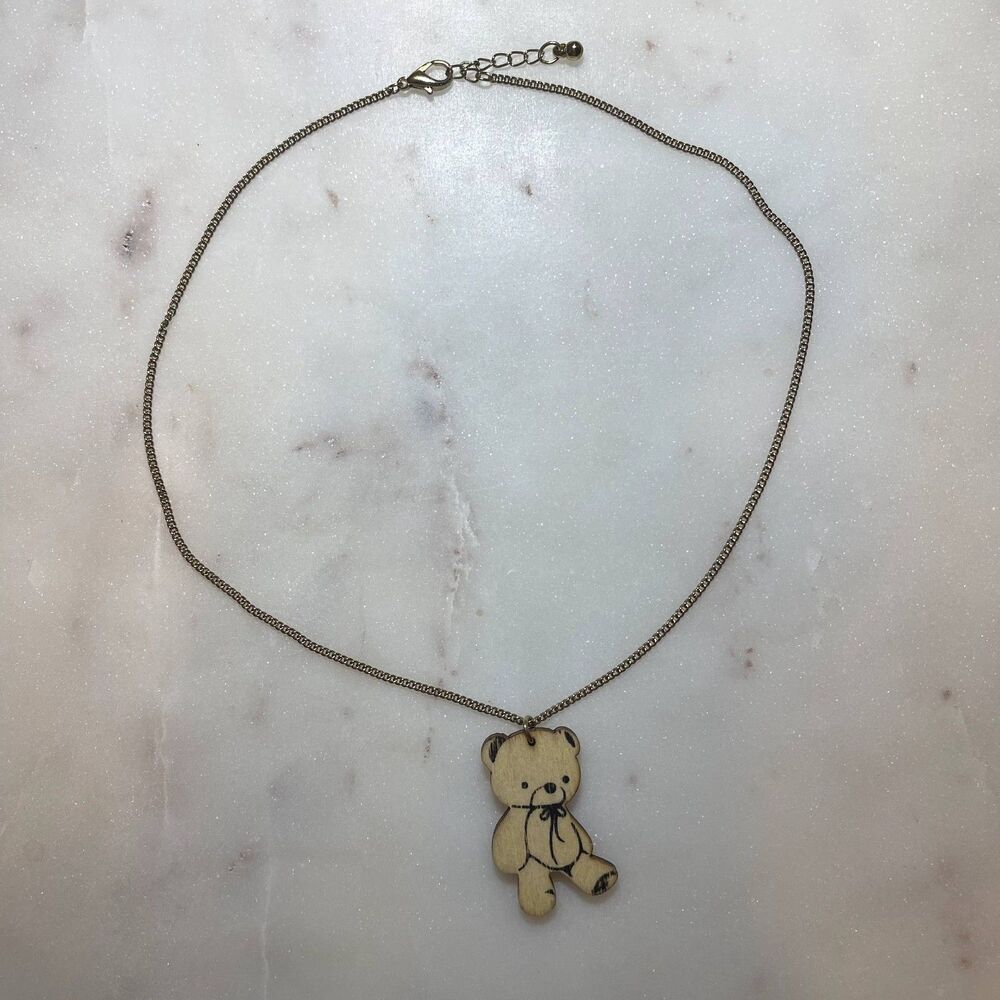 Wooden Teddy Bear Pendant Necklace